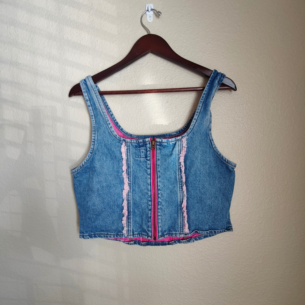 Vintage 90s Lee Denim Corset Bustier Crop Top Pink Frayed Trim Festival Large - Picture 2 of 5